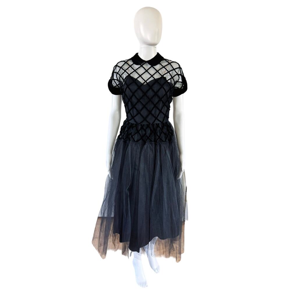 Vintage Black Velvet Tulle Dress Sheer Mesh Bodice Full Skirt Cocktail Formal XS